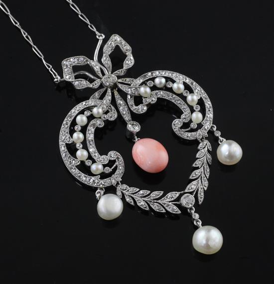 An attractive white gold, cultured pearl, conch pearl and diamond set heart shaped openwork drop pendant necklace, overall 18in.